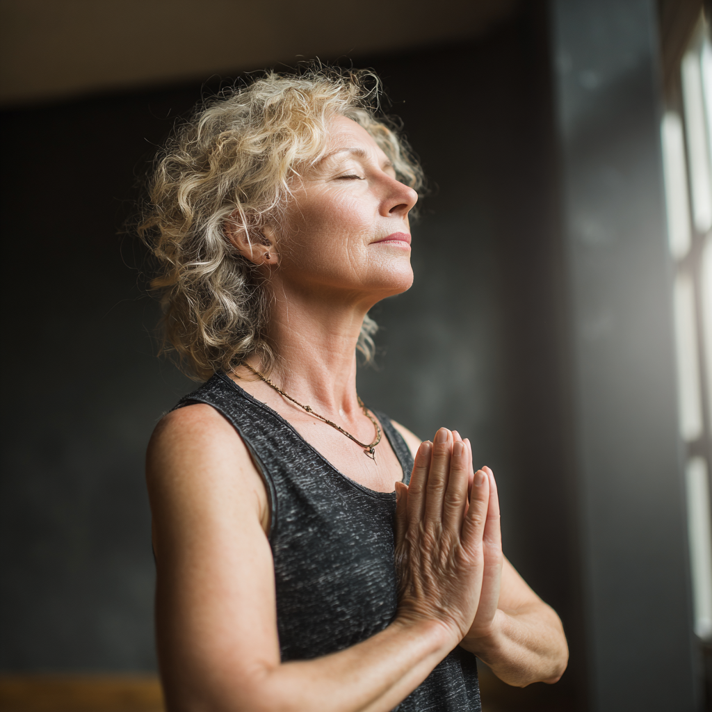Mature woman practicing gentle yoga poses in peaceful studio environment