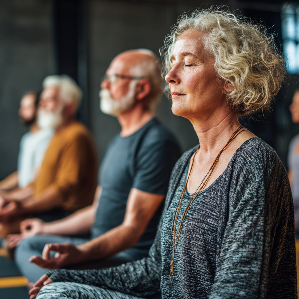 Senior adults in peaceful yoga class focusing on mindful breathing and gentle stretches